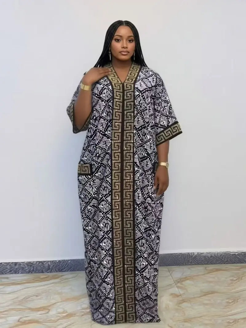 Plus Size African-Style Kaftan Dress for Women, Geometric Print Ethnic Loose V-Neck Boubou with Pockets for Casual Boho Chic Party Wear, Comfortable and Stylish