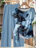 Women's Aqua Blue Summer Casual Vacation Holiday 2 Pieces Set,Abstract Floral Pattern Shirt With Tie Bow & Loose Straight Leg Pants,Vintage Style