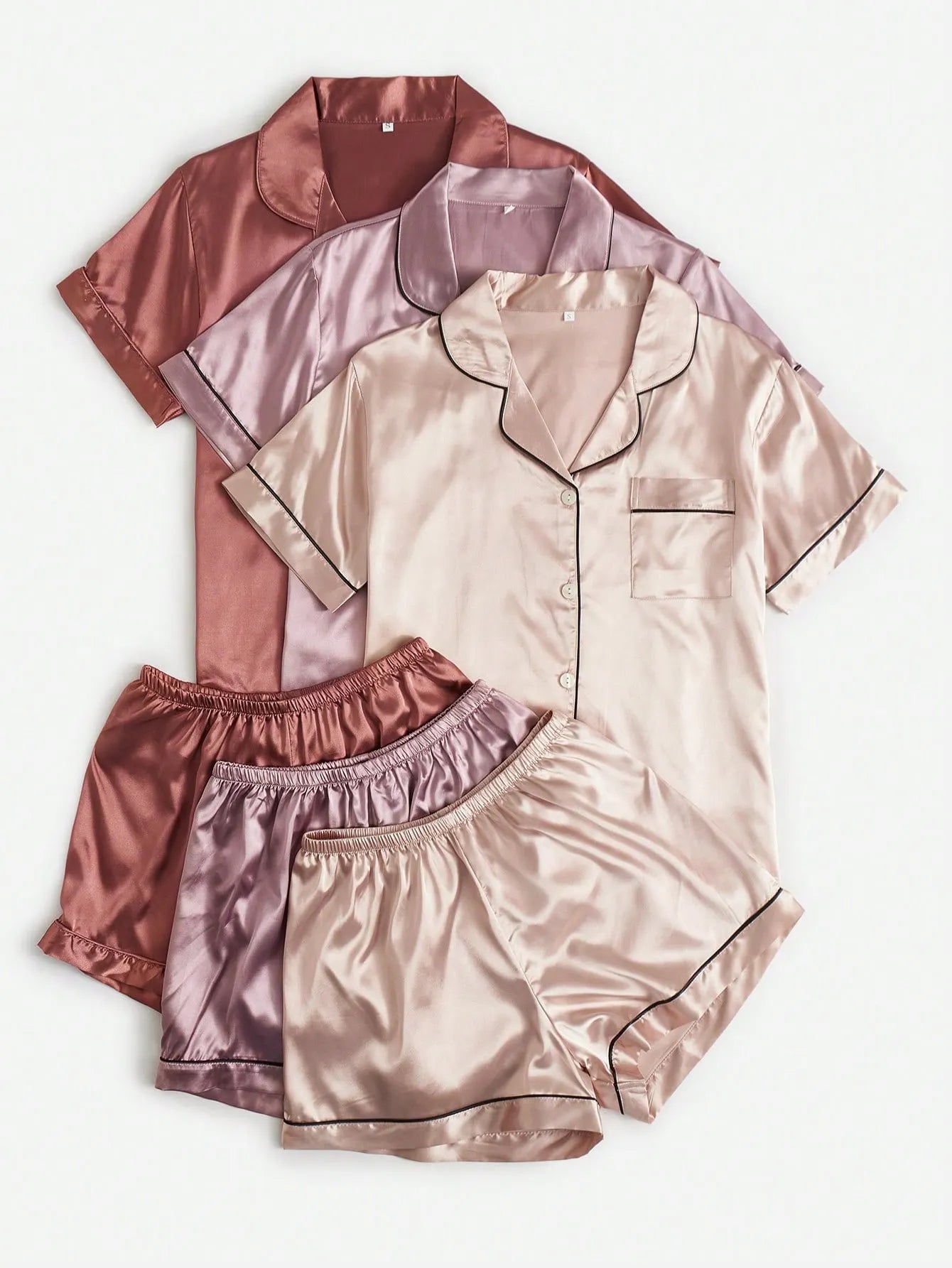 3sets Contrast Piping Satin Blouse & Shorts PJ Set / Pajama Set