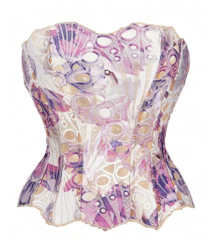 Women's Random Pattern Lace Up Shapewear Tube Top, Elegant Contrast Lace Corset Top, Tummy Control Shapewear for Women