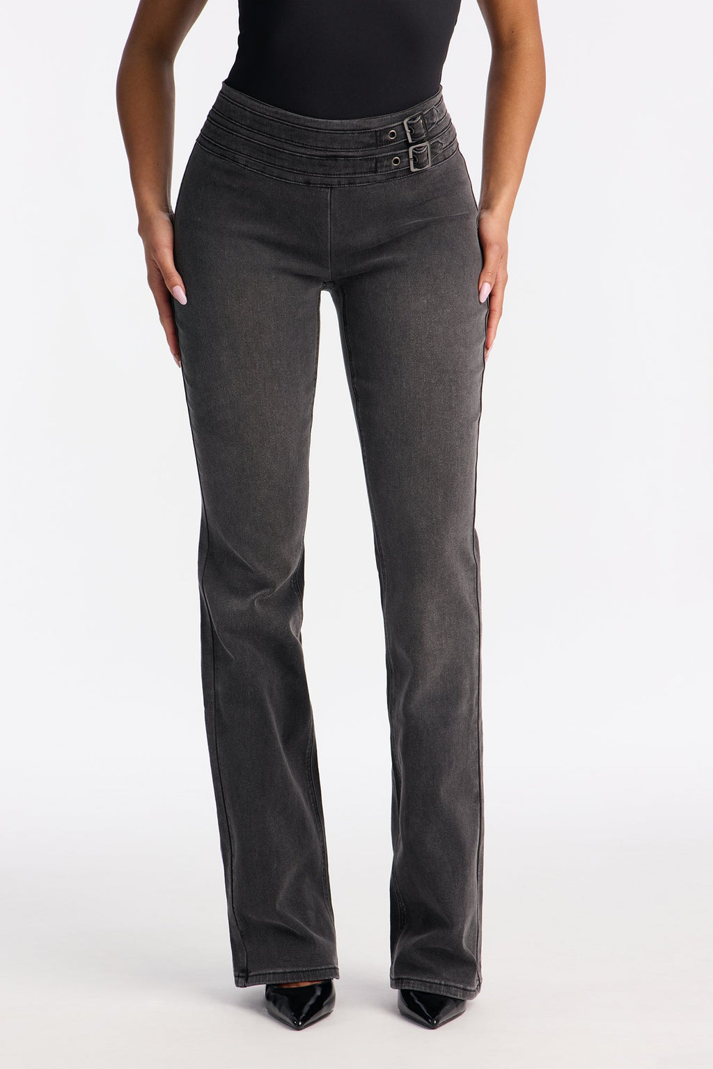 Reina Belted Bootcut Jeans - Dark Grey