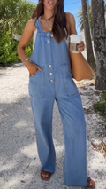 Women Shoulder Strap Patchwork Pocket Casual Denim Jumpsuit