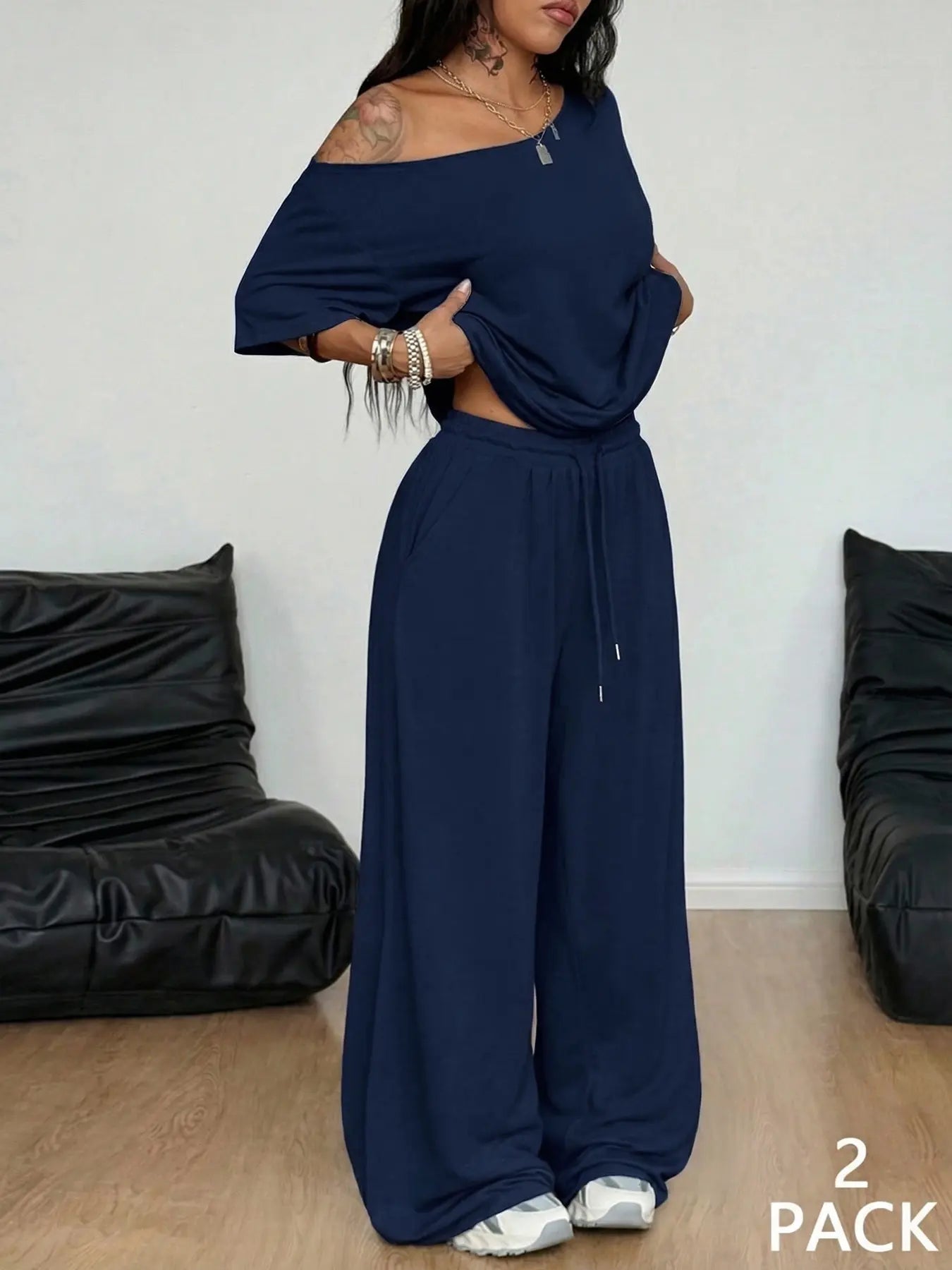 Women's Minimalist Off Shoulder T-Shirt & Wide Leg Pants Set