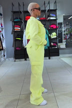 Pockets Crop Jacket Solid Color Straight Leg Pants 2pcs Set-Yellow