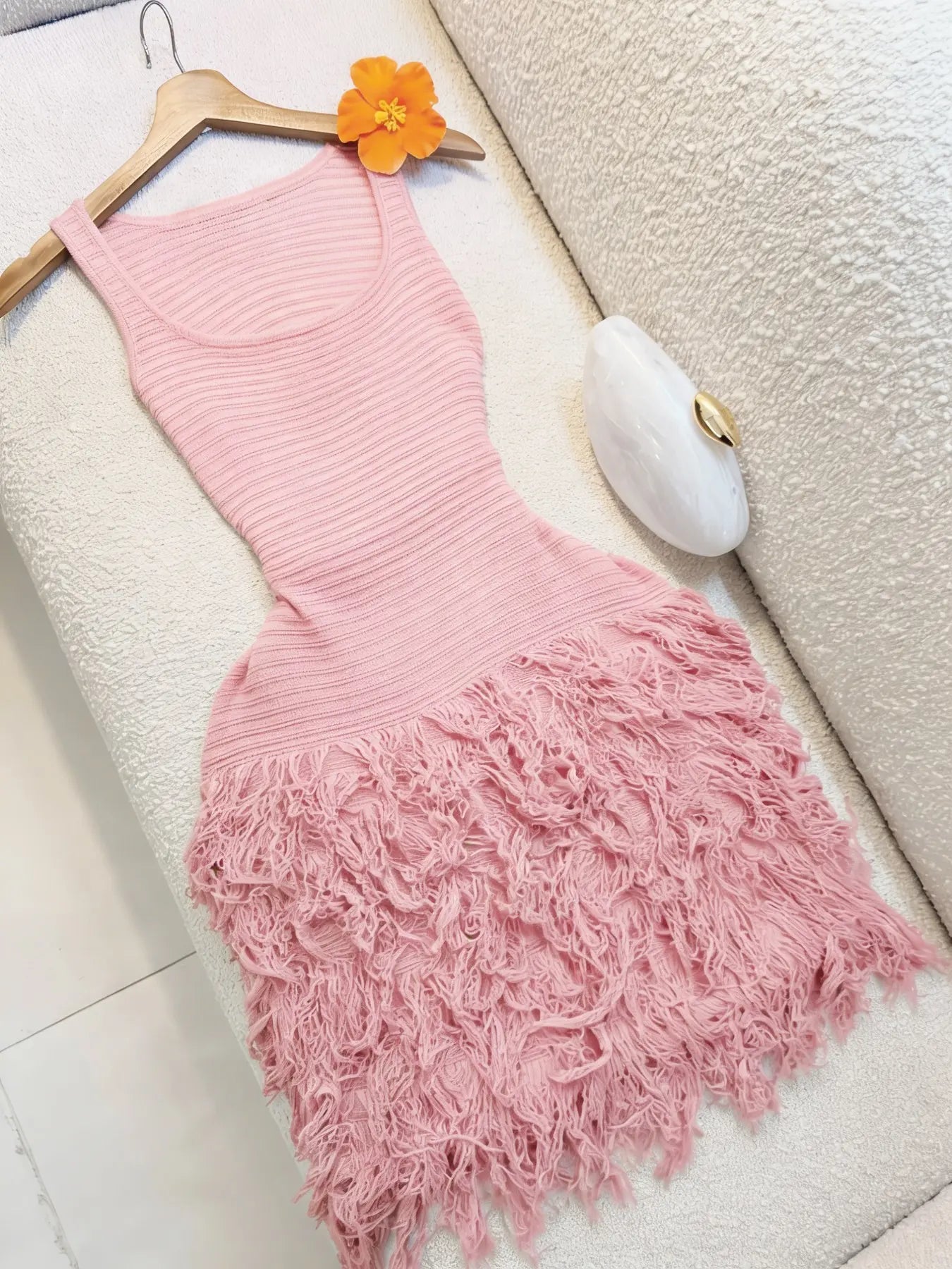 Elegant Knitted Bodycon Dress, Summer Vacation Fringe Skirt