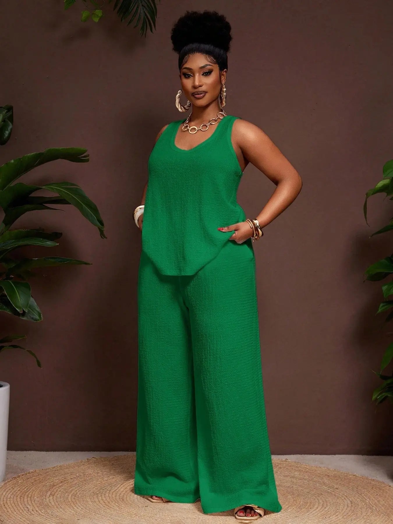 Women's Plus Size Matching Two-Piece Set: Sleeveless Tank Top and Wide Leg Pants, Loose Fit, Summer Vacation, Comfortable and Stylish