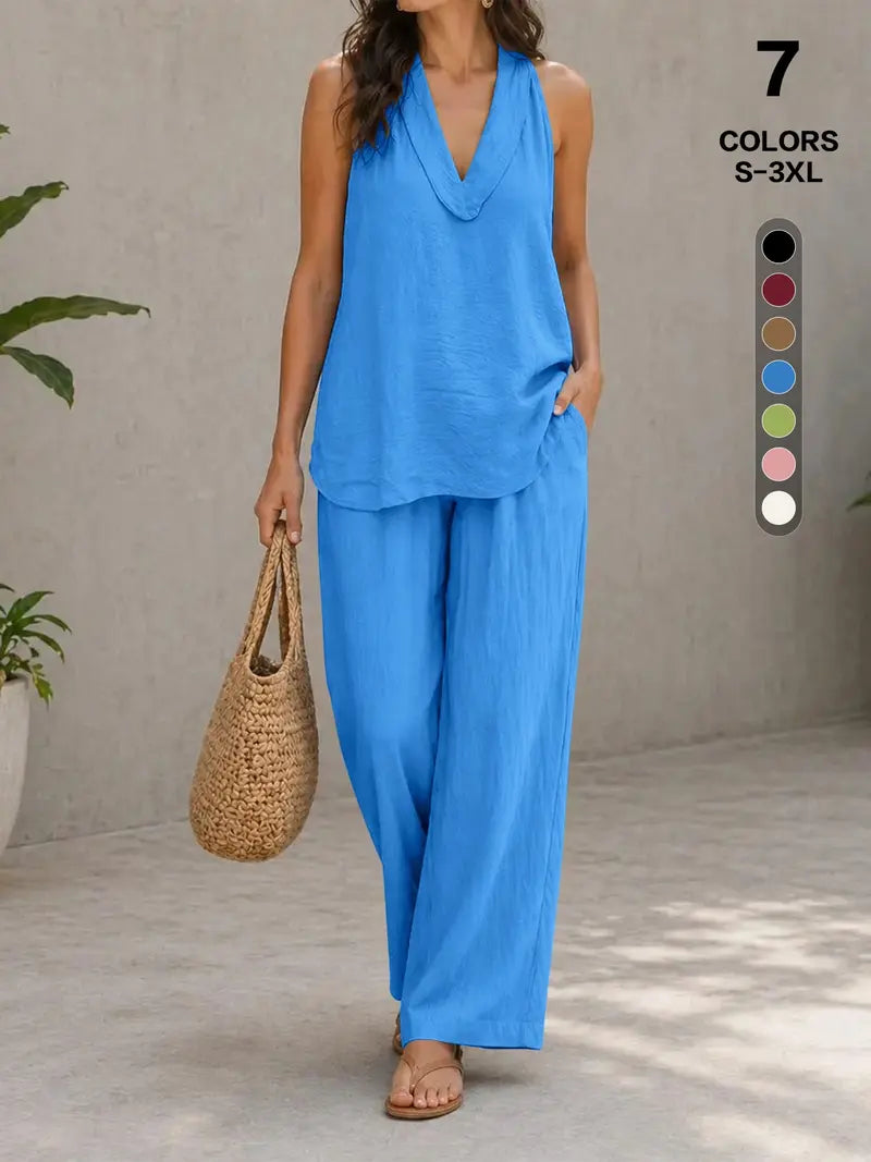 Comfy Chic Women's Summer Faux Linen Halter V-Neck Top & High Waist Wide Leg Pants Set - Breathable Everyday Urban Lounge Wear for Going Out