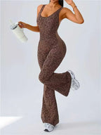 Women's Leopard Print Yoga Jumpsuit - Cross Strap, Slim Fit