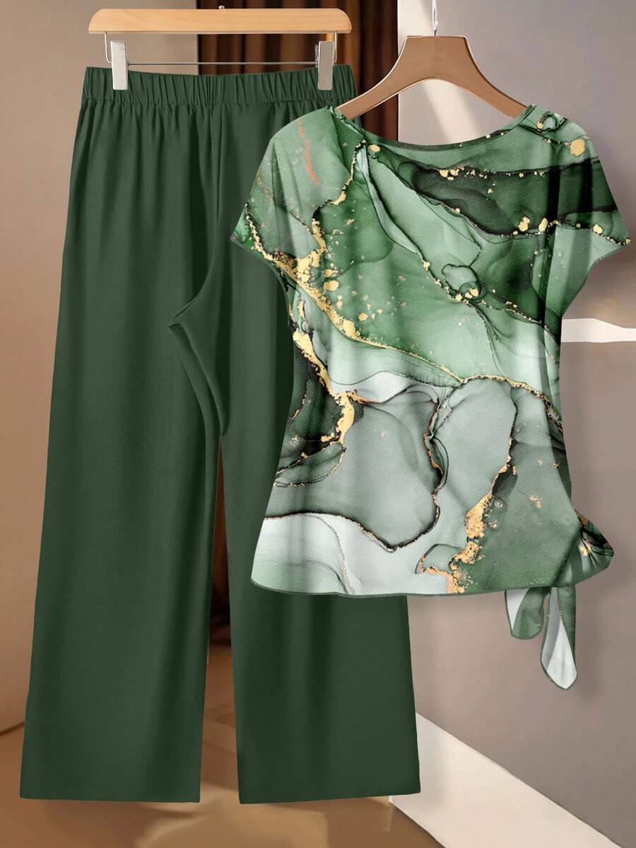 Women's Aqua Blue Summer Casual Vacation Holiday 2 Pieces Set,Abstract Floral Pattern Shirt With Tie Bow & Loose Straight Leg Pants,Vintage Style