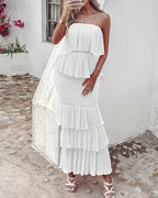 Women's Bandeau Shirred Ruffle Hem Wedding Guest Layered Wedding Dress/Women's Ruched Bodycon Dress/Women's Shirred Ruffle Hem Dress Womenswear