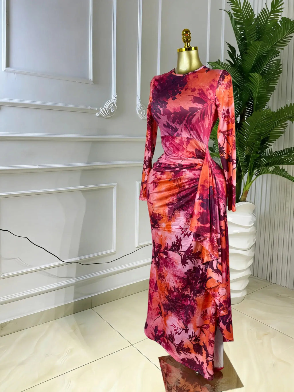 Elegant Feminine Women's Printed O-Neck Long Sleeve Ruffled Satin Belted Long Prom Dress, Club Sexy Evening Party Outfit Gown, Formal Wear, Female Fashion Music Festival Dress,Romantic Lady Skirt,Graduation Season Dress
