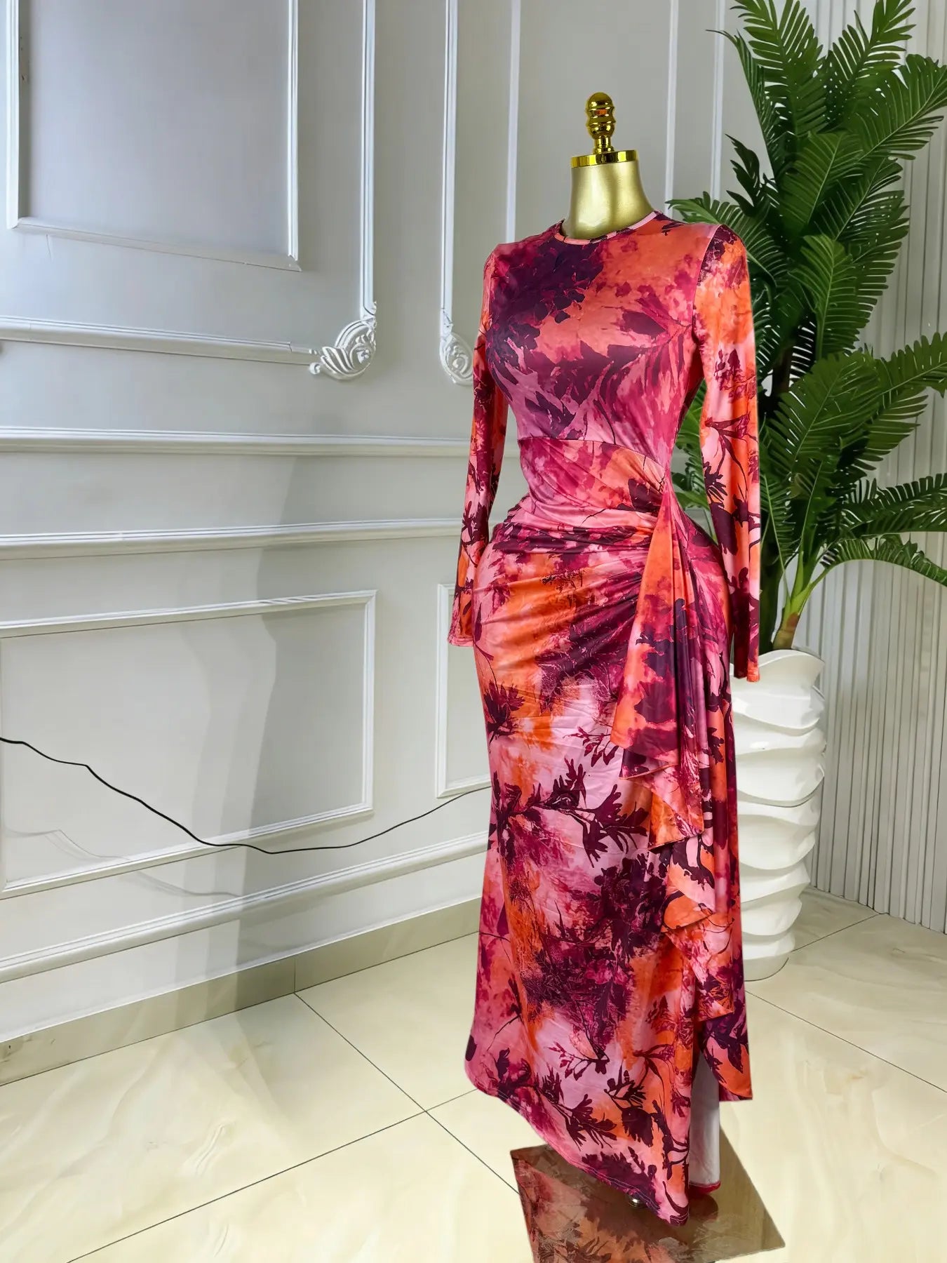 Elegant Feminine Women's Printed O-Neck Long Sleeve Ruffled Satin Belted Long Prom Dress, Club Sexy Evening Party Outfit Gown, Formal Wear, Female Fashion Music Festival Dress,Romantic Lady Skirt,Graduation Season Dress