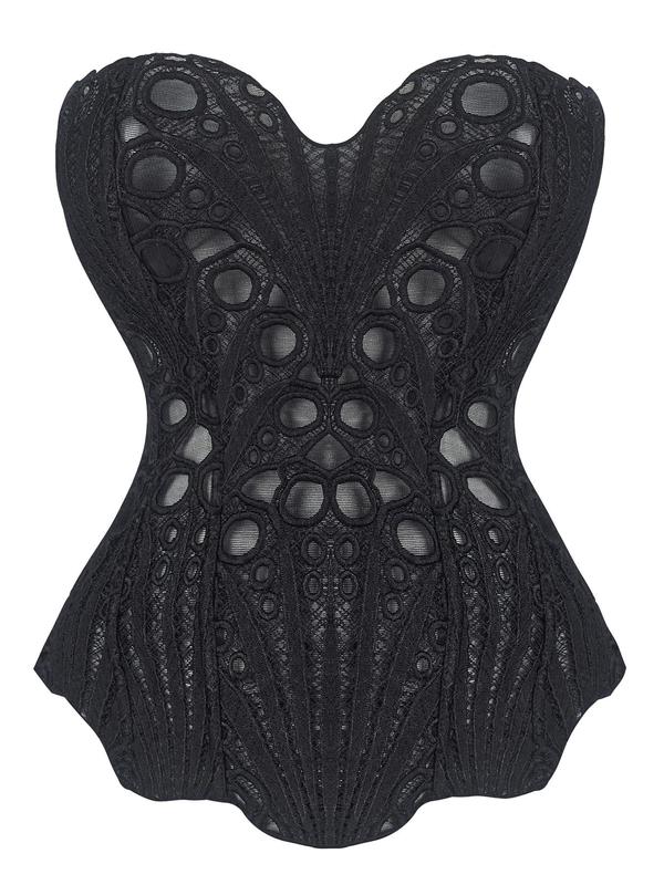 Women's Random Pattern Lace Up Shapewear Tube Top, Elegant Contrast Lace Corset Top, Tummy Control Shapewear for Women