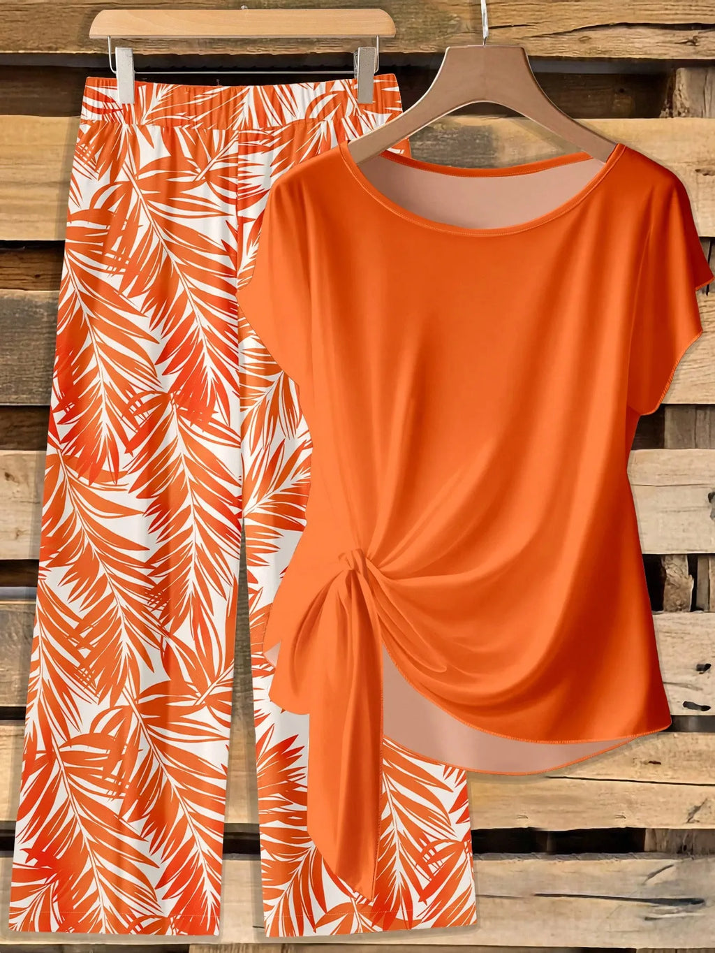 Women's 2 Pieces Set,Orange And White Plants Pattern Twist Tee & Long Pants,Summer Boho Holiday Vacation Holiday Beach Festival Outfit Woven Fabric