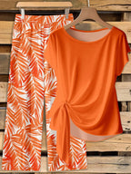 Women's 2 Pieces Set,Orange And White Plants Pattern Twist Tee & Long Pants,Summer Boho Holiday Vacation Holiday Beach Festival Outfit Woven Fabric