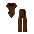 Women's Trendy Square Neck Shaping Bodysuit & High Waist Wide Leg Pockets Trousers Co-ord,Short Sleeve Shapewear,Two-Piece Outfit for Womenswear