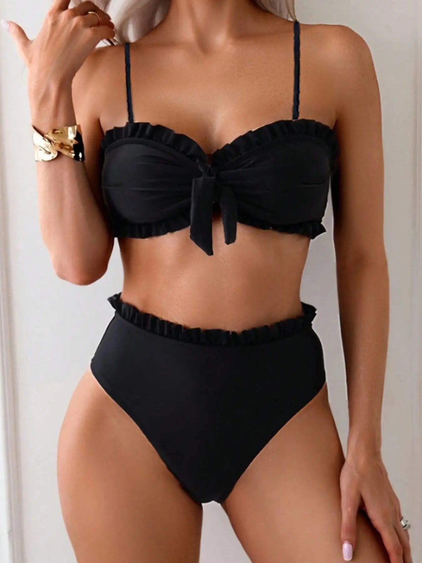 Fashion Sexy Detachable Strap Halter Bikini, Beach Pool Women's Swimsuit, Fitted Plain Style, Summer Swimwear, Casual Wear, Solid Bikinis
