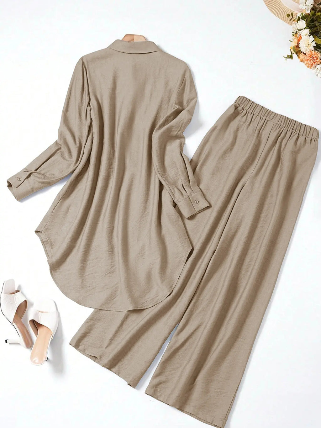 Women's Casual Two-Piece Set, Hollow-Out Top and Loose-Fit Pants