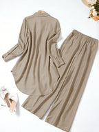 Women's Casual Two-Piece Set, Hollow-Out Top and Loose-Fit Pants