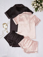 LuxeNights 4pcs/Set Faux Silk Lapel Cardigan & Shorts Pajama Set