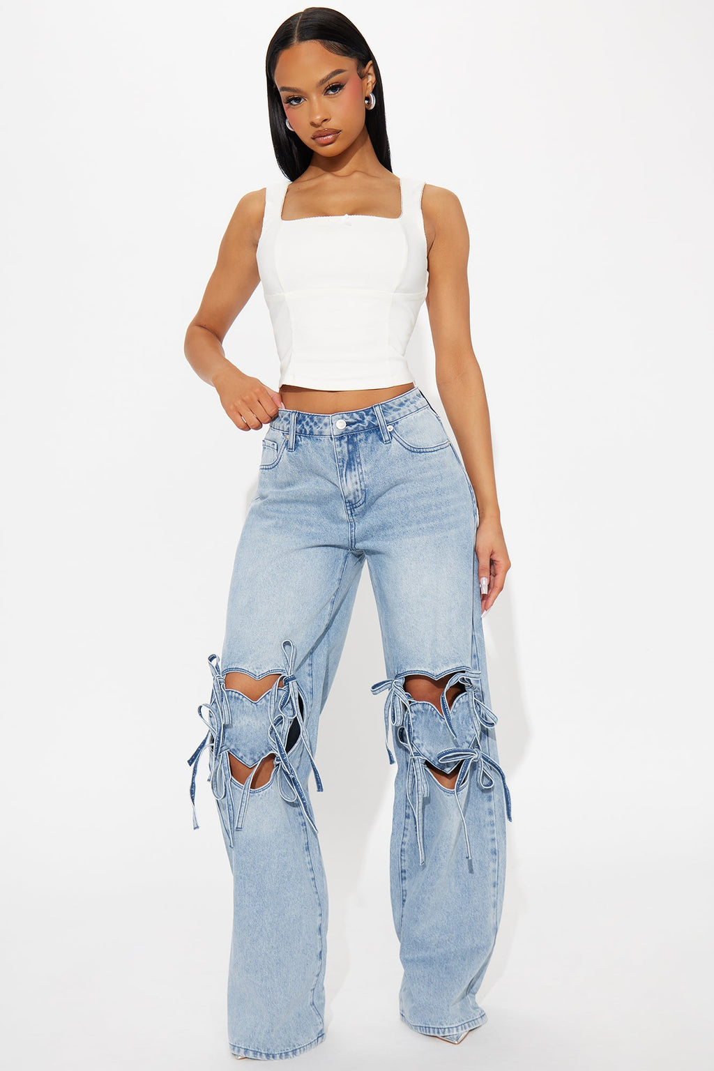Tug On Heartstrings Non-Stretch Wide Leg Jeans - Light Wash