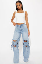 Tug On Heartstrings Non-Stretch Wide Leg Jeans - Light Wash