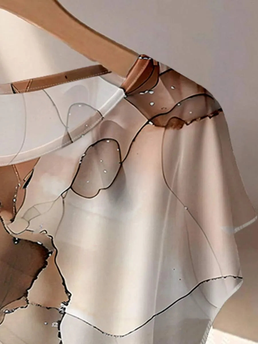 Women's Aqua Blue Summer Casual Vacation Holiday 2 Pieces Set,Abstract Floral Pattern Shirt With Tie Bow & Loose Straight Leg Pants,Vintage Style