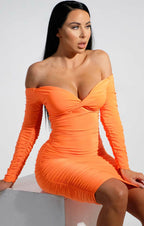 Ruched Bardot Long Sleeve Bodycon Mini Dress