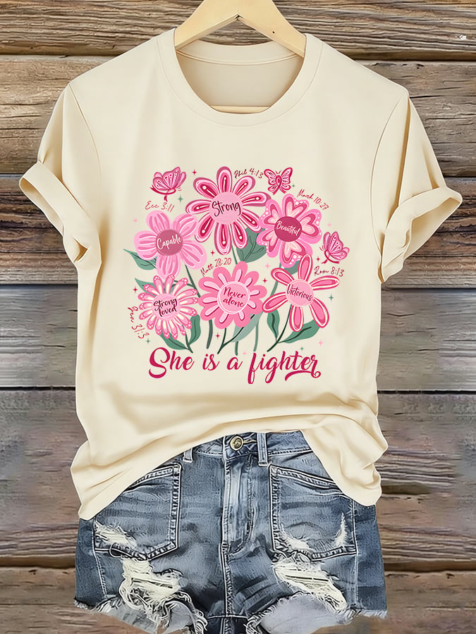 Women'S Casual Short-Sleeve Crew-Neck T-Shirt With Breast Cancer Awareness Print