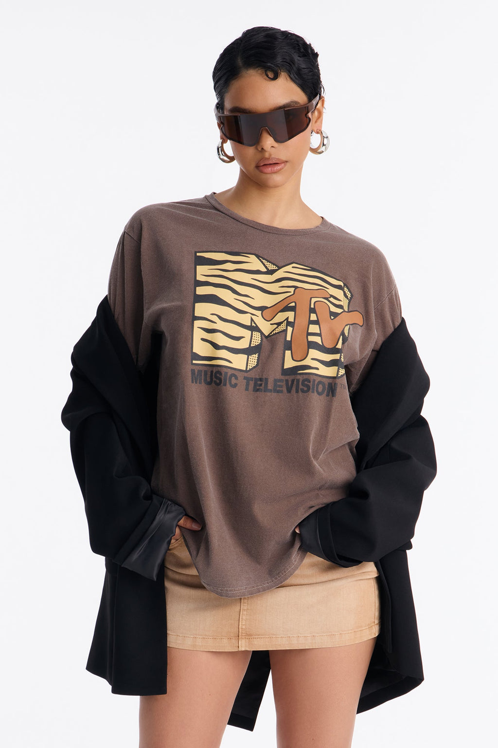 MTV Zebra Vibes Washed Oversize Tee - Brown