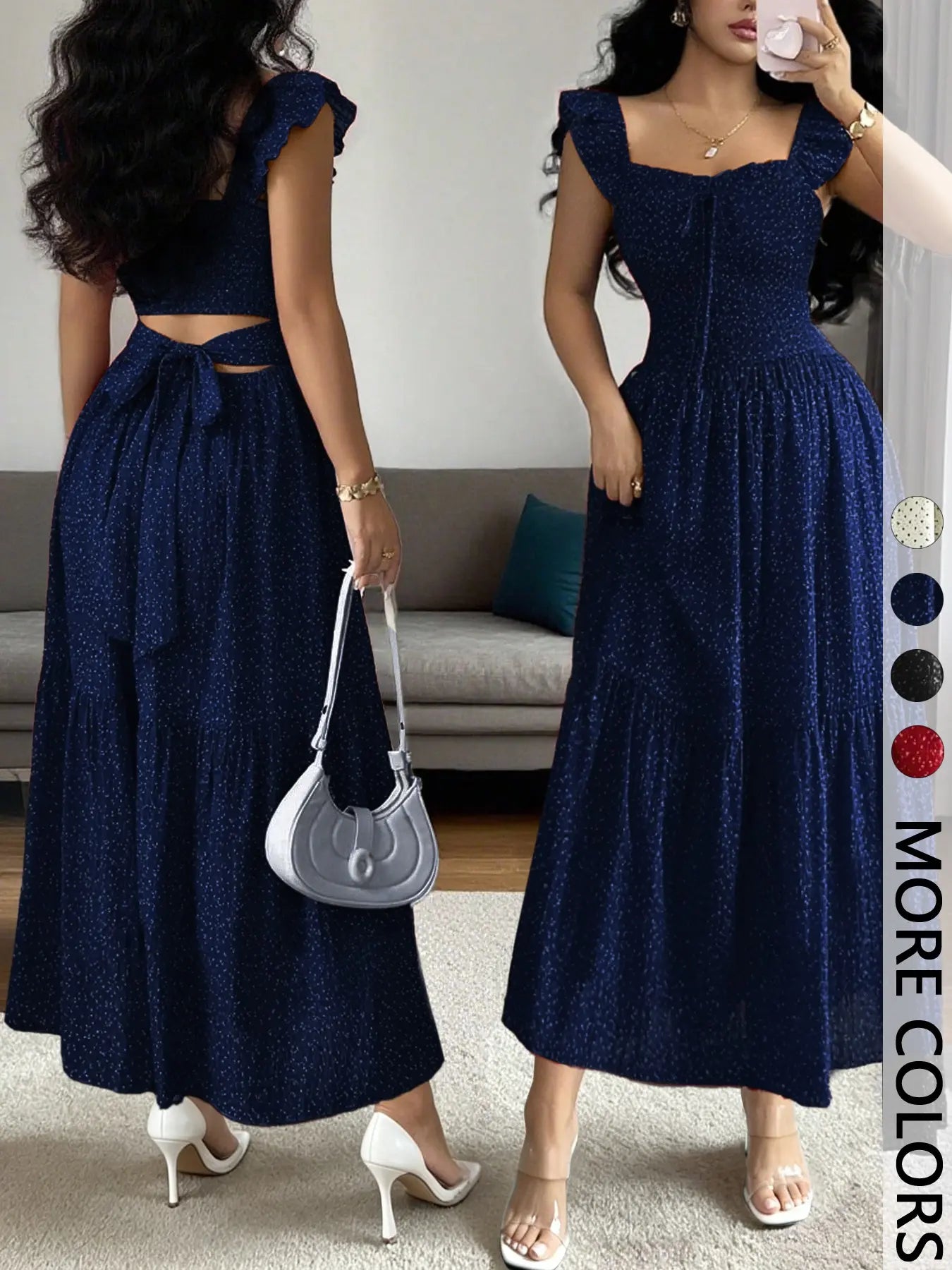 Spring & Summer Ruffled Polka Dot Maxi Dress with Back Tie