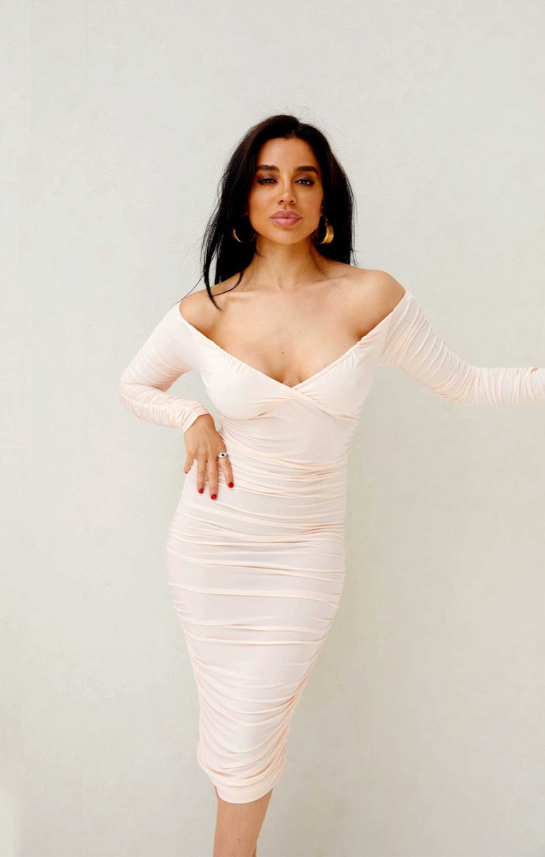 Ruched Bardot Long Sleeve Bodycon Mini Dress