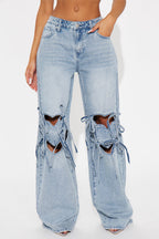 Tug On Heartstrings Non-Stretch Wide Leg Jeans - Light Wash