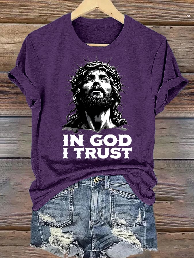 Women's  In God I Trust Christian T-Shirt, Retro Jesus Portrait Graphic Tee, Faith Based Religious Shirt