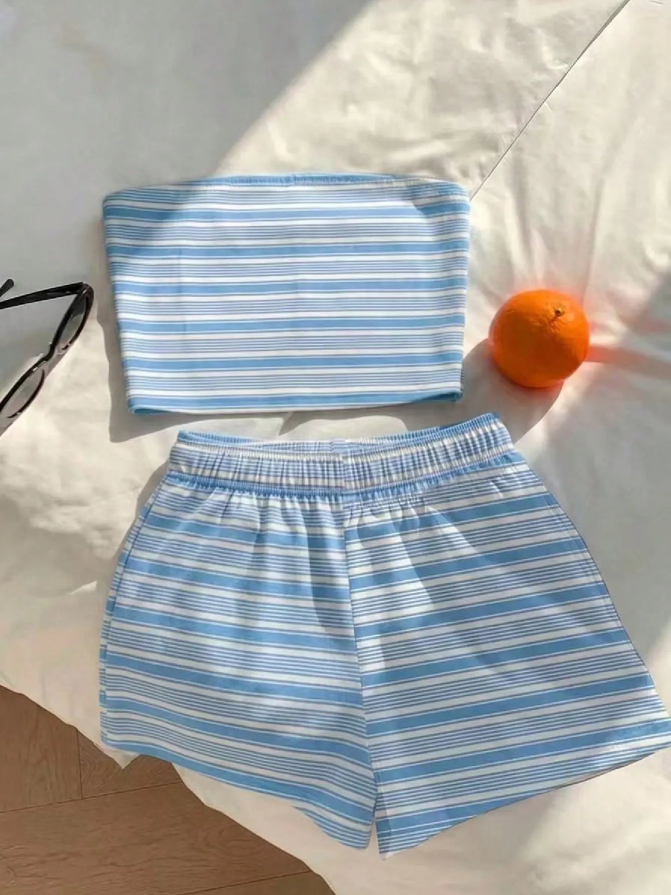 Comfortcana Women Summer Outfit,Pink And White Striped Tube Top & Shorts 2-Piece Set,Cute Casual Minimalist Everyday Versatile Resort Beach Outfit For Ladies
