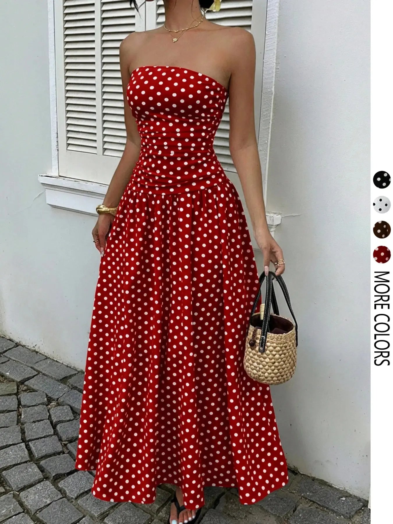 Women's Elegant Polka Dot Strapless Maxi Dress for Parties