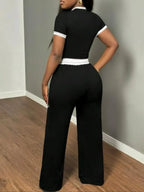 Women's New Casual Color-Blocked Round Neck Short Sleeve Two-Piece Set