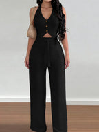 Women's Halter Crop Top & Wide-Leg Pants Set - Comfortable Woven Material