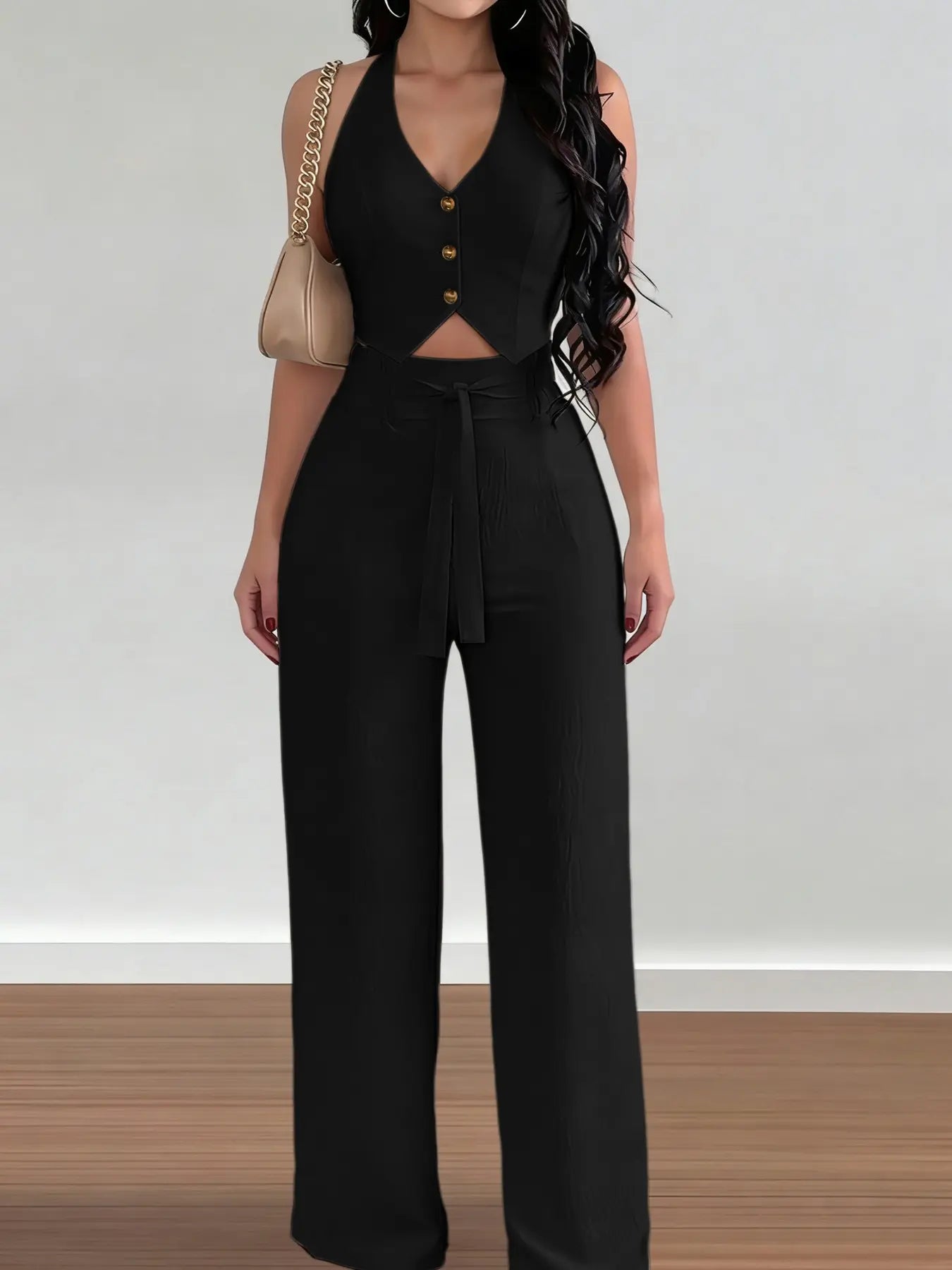 Women's Halter Crop Top & Wide-Leg Pants Set - Comfortable Woven Material
