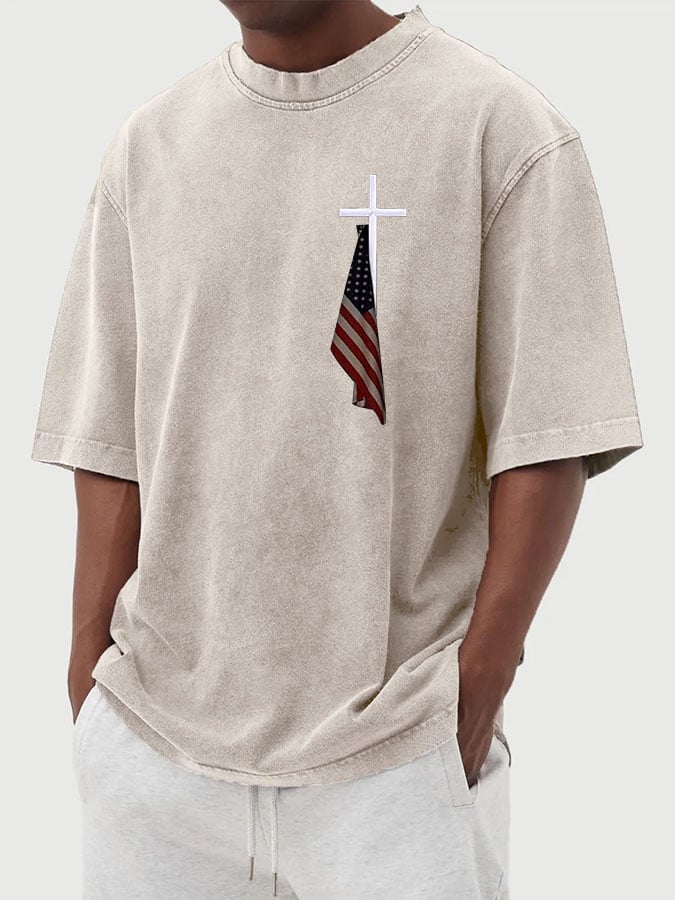 🔥Buy 3 Get 15% Off🔥Men's Vintage Flag Cross Print Cotton Washed T-Shirt