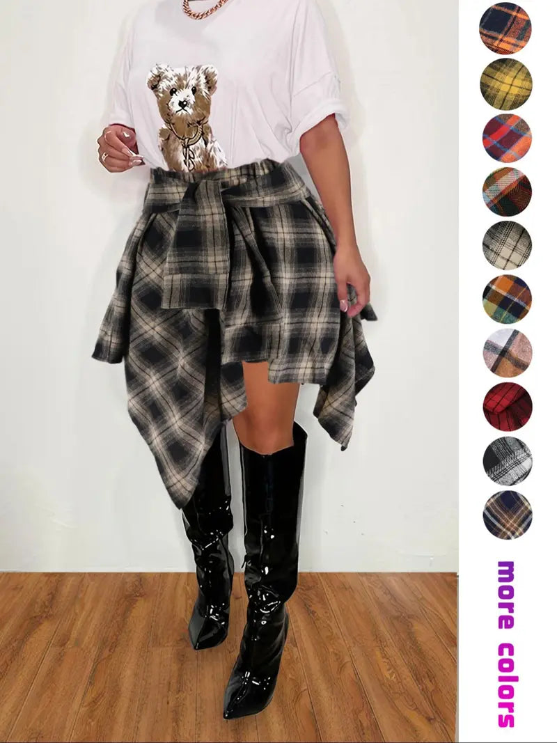 Women's Fashion Woven Plaid Print Asymmetrical Hem High Waisted Skirt
