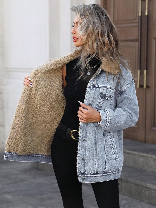Women's Fall Winter Casual Fashion Jacket, Elegant Solid Color Stand Collar Thickened Warm Denim Coat, Versatile Outerwear for Women