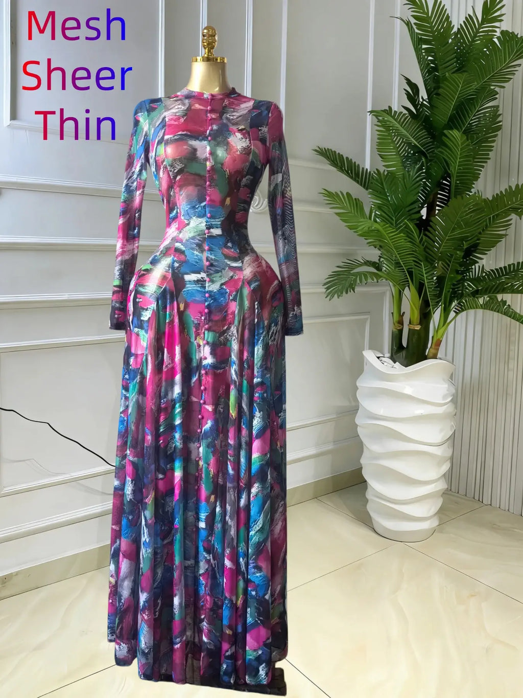 Women's O-Neck Long Sleeve Woven Maxi Dress, Tie-Dye Print, Romantic Valentine's Day Party Outfit Gown, Sexy Mesh Sheer Dress, Spring Sexy Club Street Evening Wear Lady Skirts