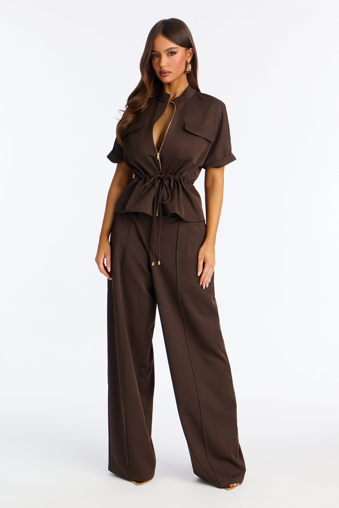 Niveah Wide Leg Pant Set - Brown
