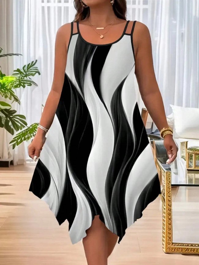 Women's Elegant Asymmetric Hem Double Strap Dress, Round Neck, Random Print Design, Summer Casual Party Wear, Fitted Style, Chic