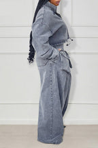 Denim Zip Long Sleeve Crop Jacket Pockets Wide Leg Pants Matching Set-Gray