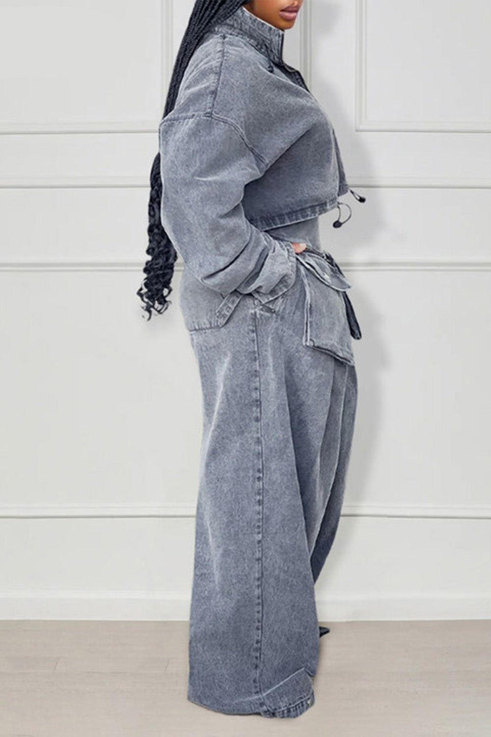 Denim Zip Long Sleeve Crop Jacket Pockets Wide Leg Pants Matching Set-Gray