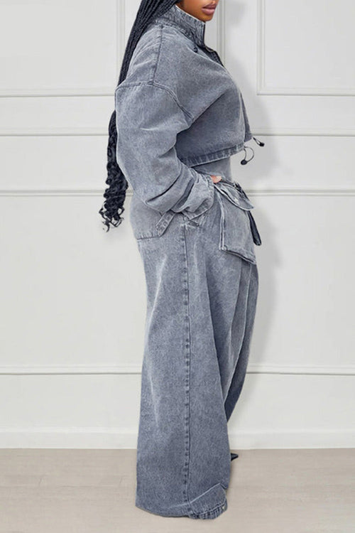 Denim Zip Long Sleeve Crop Jacket Pockets Wide Leg Pants Matching Set-Gray