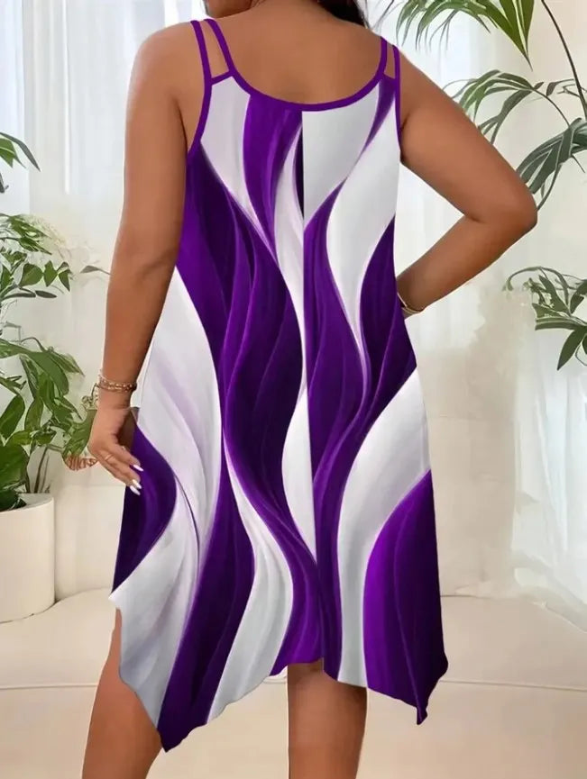Women's Elegant Asymmetric Hem Double Strap Dress, Round Neck, Random Print Design, Summer Casual Party Wear, Fitted Style, Chic
