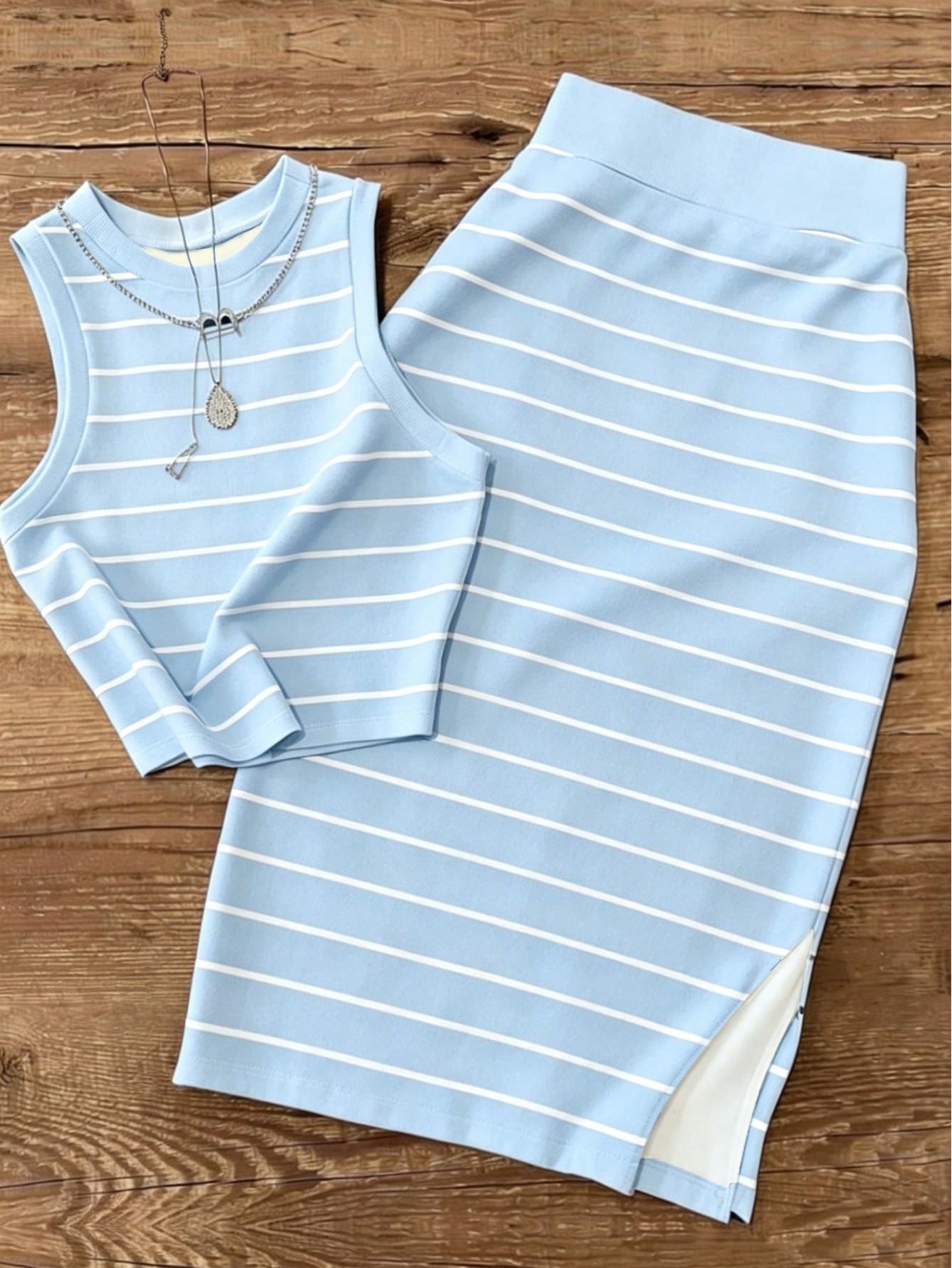 UREREM Women's Striped Contrast Color Casual Elegant Party Ribbed Slit Beach Vest And Skirt 2-Piece Set Summer